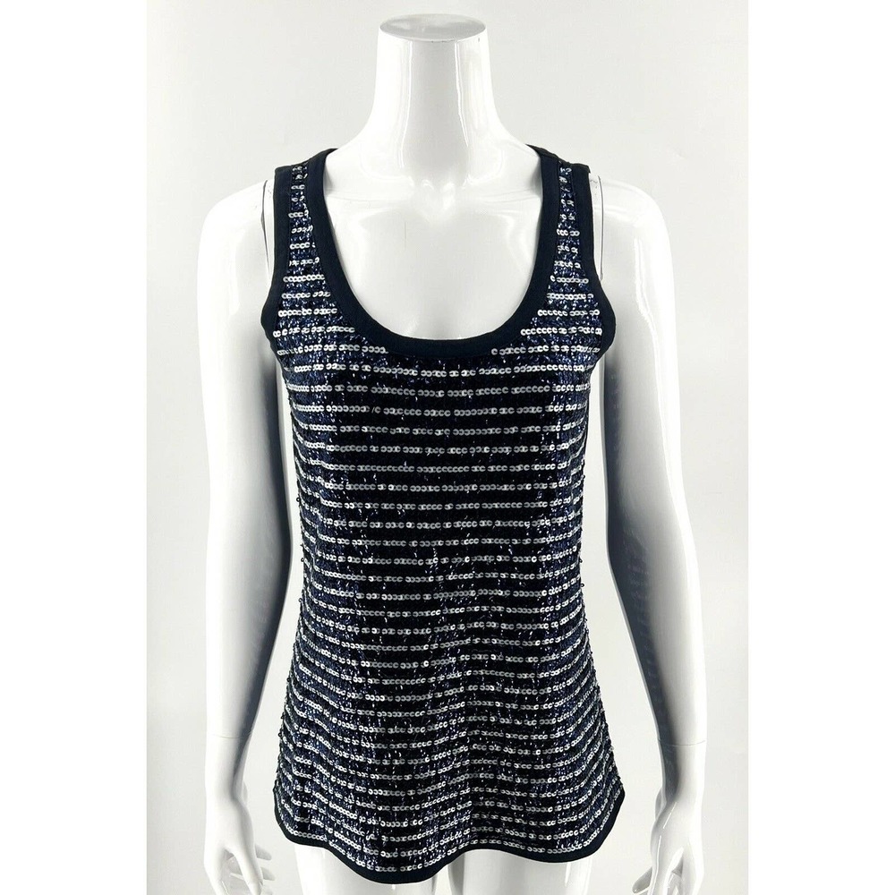 Banana Republic Sequin Front Tank Top Size M Navy Blue Silver Cotton Sleeveless